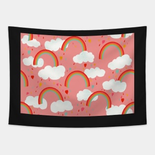 Clouds, rainbows and love hearts on a rose pink background Tapestry