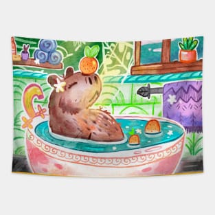 Capybara in Bath Tub with Oranges Tapestry