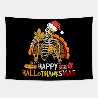 Happy Hallothanksmas Skeleton Halloween Merry Christmas Tapestry