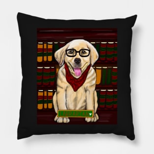 Golden Labrador “Labrarian” in library wearing glasses and red scarf cute Golden Labrador retriever puppy dog Librarian Pillow