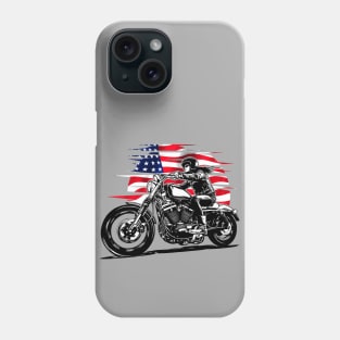 Woman biker on motorcycle with American flag Phone Case