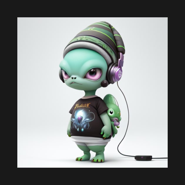 Alien wearing hat and headphones by JessicaErinArt