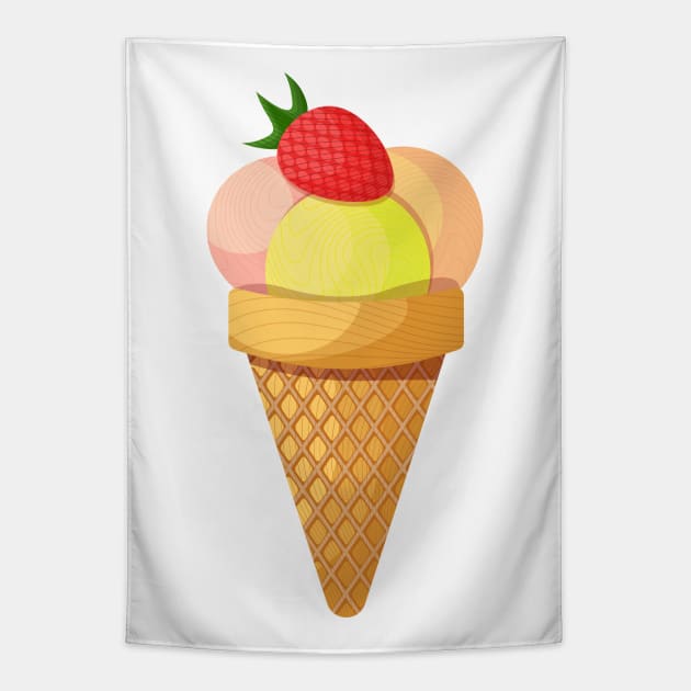 Ice cream scoops and strawberry in waffle cone Tapestry by Cute-Design