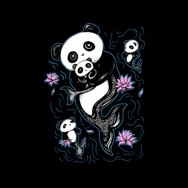 Panda Mermaid Bear with Lotus Flowers by shaireproductions