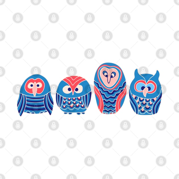 WOO HOO Owls Cute Funny Birds Forest Woodland Nature Wildlife in Blue Red Pink Cream - UnBlink Studio by Jackie Tahara by UnBlink Studio by Jackie Tahara