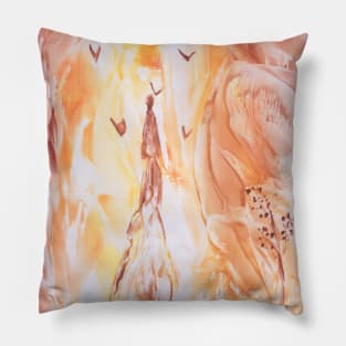 Wanderer, mountain, human, road, landscape. Hand drawn color illustration, painting, art, encaustic. Pillow