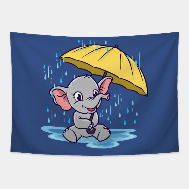 Baby Elephant Umbrella Raindrops Tapestry by E