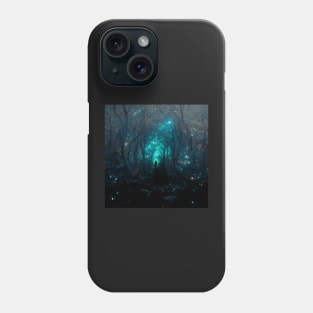 Black hooded witch in a forest with magical blue stars in the sky Phone Case