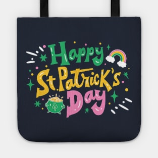 Colorful Happy St. Patrick's Day with Rainbow and Pot of Gold Tote