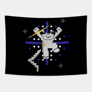 Cat Lightning Retro Gaming Blue Tapestry