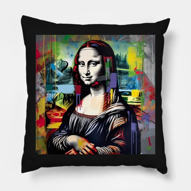 Graffiti Mona Lisa: A Colorful Twist on a Classic Portrait Pillow by naars90