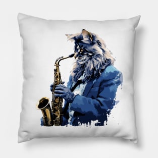 Maine Coon Cat Playing Saxophone Pillow