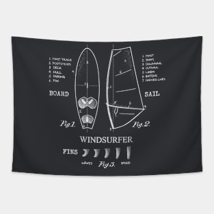 Windsurfer Equipment Gear Board, Sail and Fins Legend Vintage White Drawing Tapestry