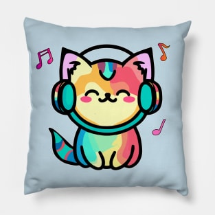 Happy smiling baby pussy cat with headphones. Kawaii cartoon Pillow