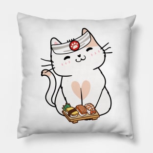 Funny white cat is a sushi chef Pillow