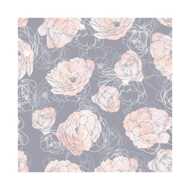 Pink Carnation Outline Pattern in Neutral Blue by marknprints