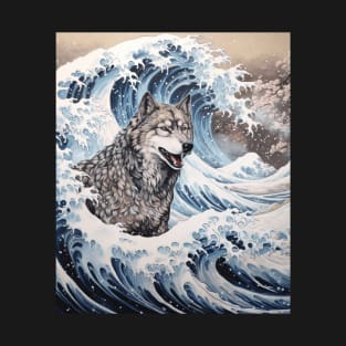 Japanese Kawaii Wolf Great Wave Off Kanagawa T-Shirt