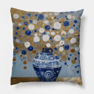 Blue Gold and White Abstract Flowers in a Blue and White Vase After Klimt Pillow