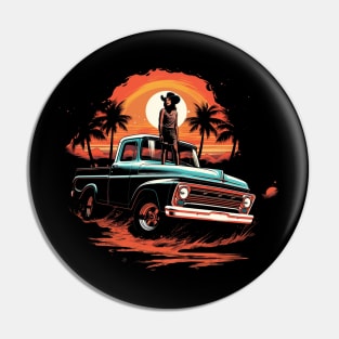 Coastal Cowgirl on Truck Retro Sunset Illustration Pin