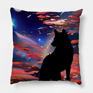 Wolf In Twilight Looking In The Night Sky Pillow