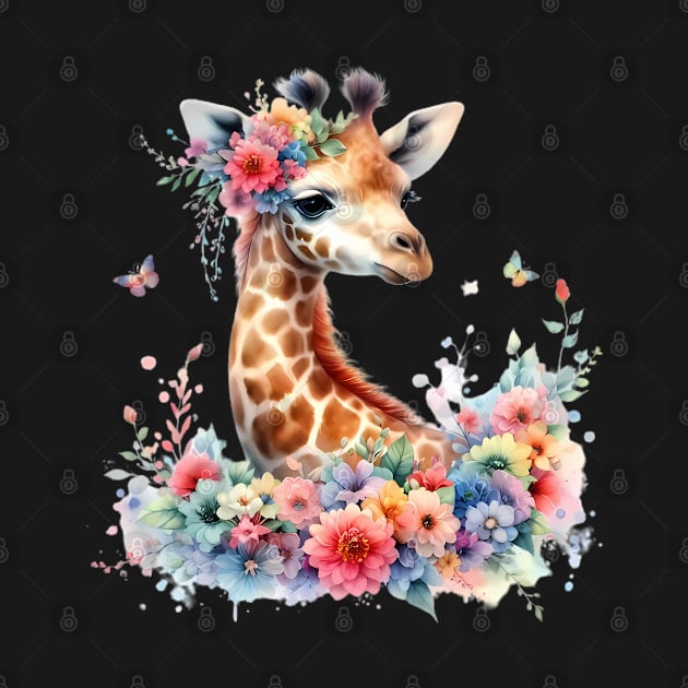 A baby giraffe decorated with beautiful colorful flowers. by CreativeSparkzz