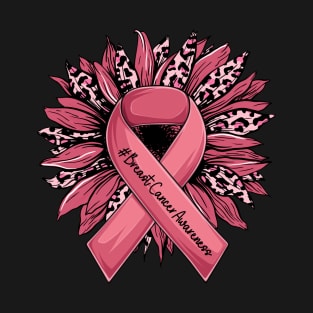 Leopard Sunflower Pink Ribbon Breast Cancer Awareness T-Shirt