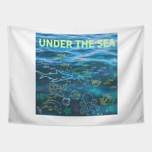 under the sea,blue sea,sea creatures,Turtle, puffer fish, starfish, shrimp, shark, tropical fish, sea horse, seaweed, sardines, squid, crabs, clams Tapestry