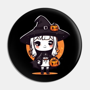 Witchcraft cute anime characters Chibi style with pumpkin Halloween Pin