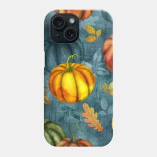 Pumpkins and different fall leaves seamless watercolor pattern. Autumn colorful composition. Thanksgiving textural background Phone Case