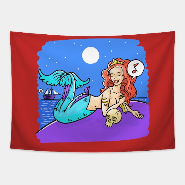 Mermaid Skull Ship Tapestry by Mako Design 