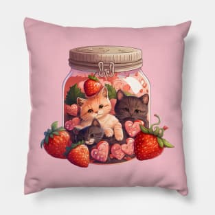 Strawberry Jam Kitten Cottagecore Pillow