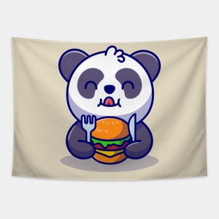 Cute Panda Eating Burger With Fork And Knife Cartoon Tapestry