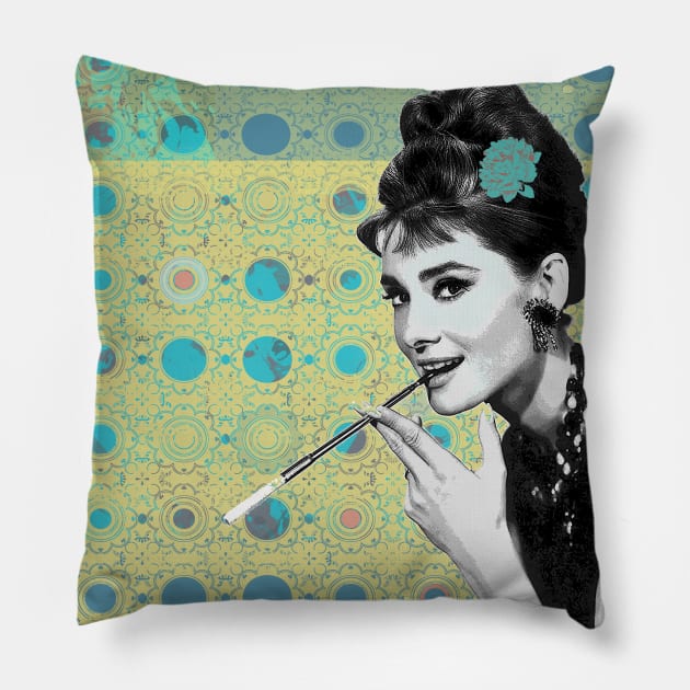 Audrey Hepburn Smoking. Pillow by FanitsaArt