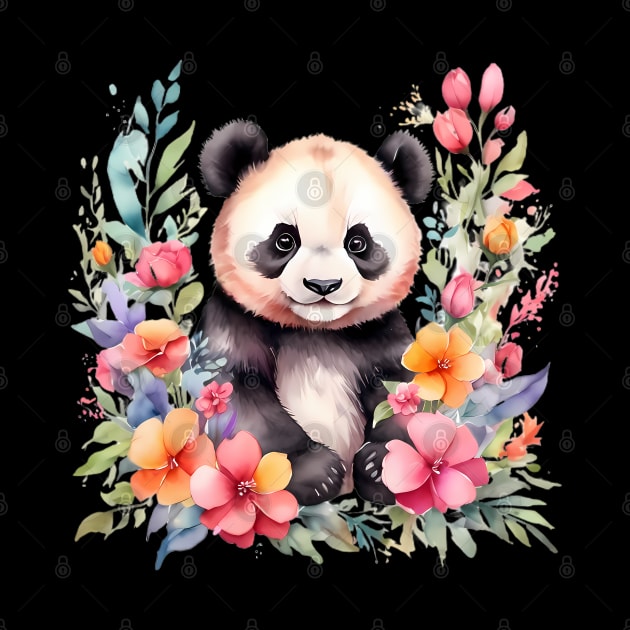 A panda bear decorated with beautiful watercolor flowers by CreativeSparkzz