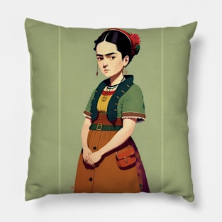 Young Frida's Whimsy: Cartoon Illustration Pillow