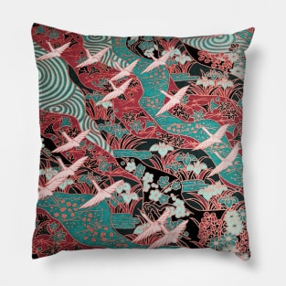 FLYING WHITE CRANES ON BLUE WATERS AND SPRING FLOWERS Antique Red Teal Green Japanese Floral Pillow