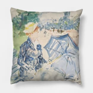 A Woman Seated at a Bench on the Avenue du Bois by Berthe Morisot Pillow