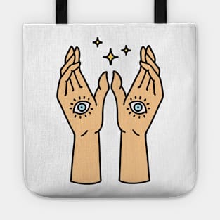 Mystic Hands With Blue Eyes and stars Magical Protection Tote