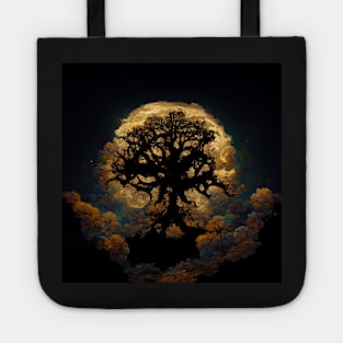 Large old oak tree at night surrounded by glowing magic mushrooms on the ground and a full moon in the sky with fractal clouds Tote