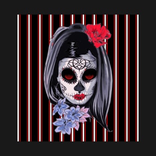 Red White and Black Striped Graphic & makeup mask,floral,flower skull T-Shirt