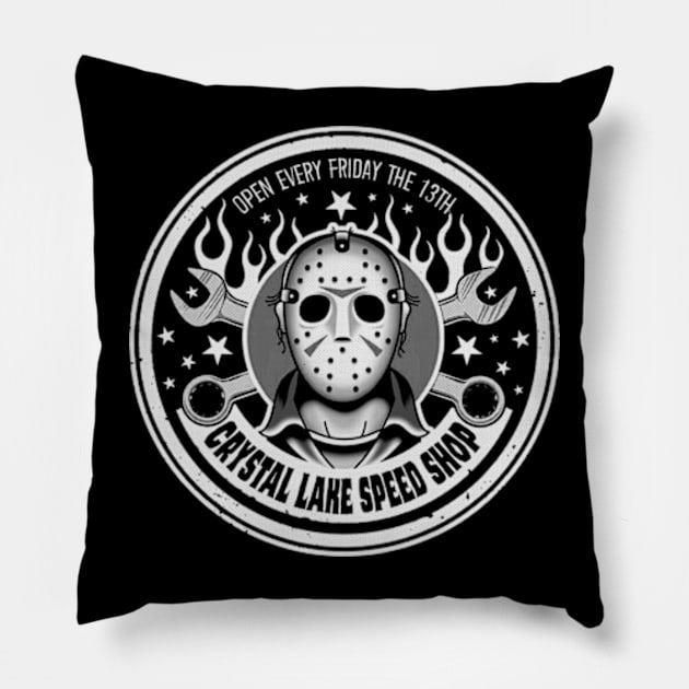 Crystal Lake Speed Shop Pillow by CosmicAngerDesign