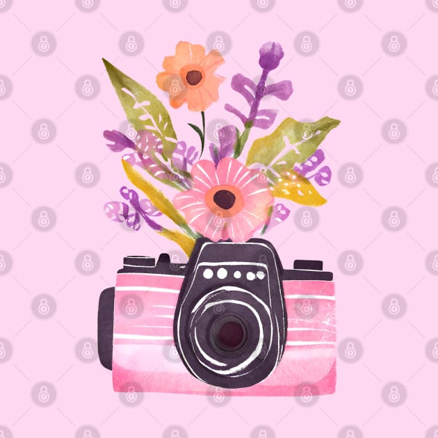 Cute Pink Watercolor Camera and Wildflowers by FarmOfCuties