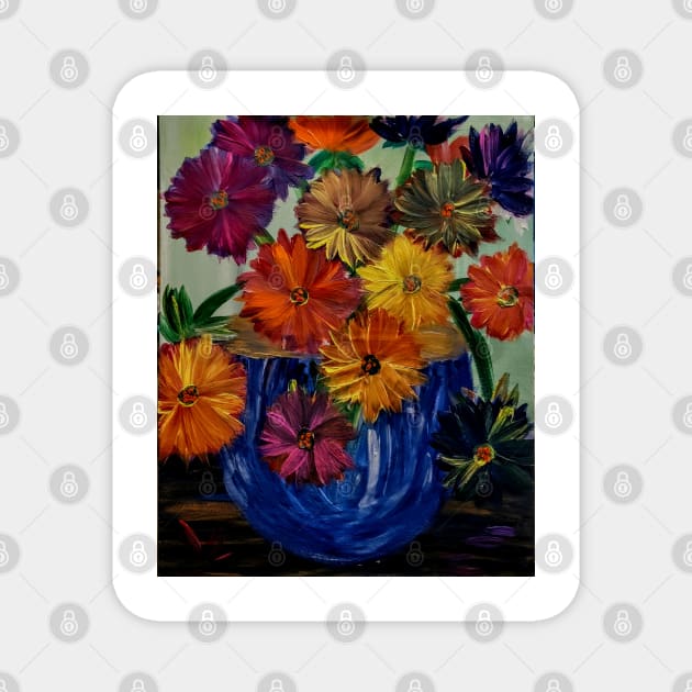 Some abstract vibrant colorful flowers in a glass vase with gold accent on base and top of vase Magnet by kkartwork