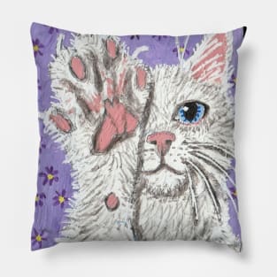 white cat paw  up acrylic painting Pillow