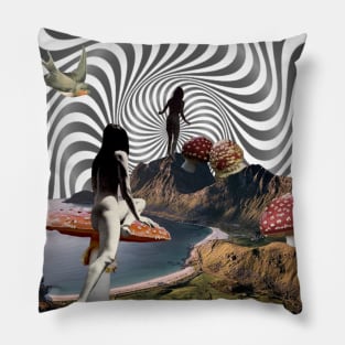 Mushroom Exploring Collage Art Pillow