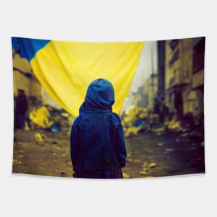 Ukrainian kid walks in street alone Tapestry