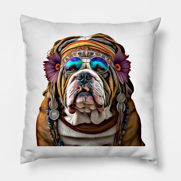 Hippy Hippie British Bulldog Pillow by Unboxed Mind of J.A.Y LLC 