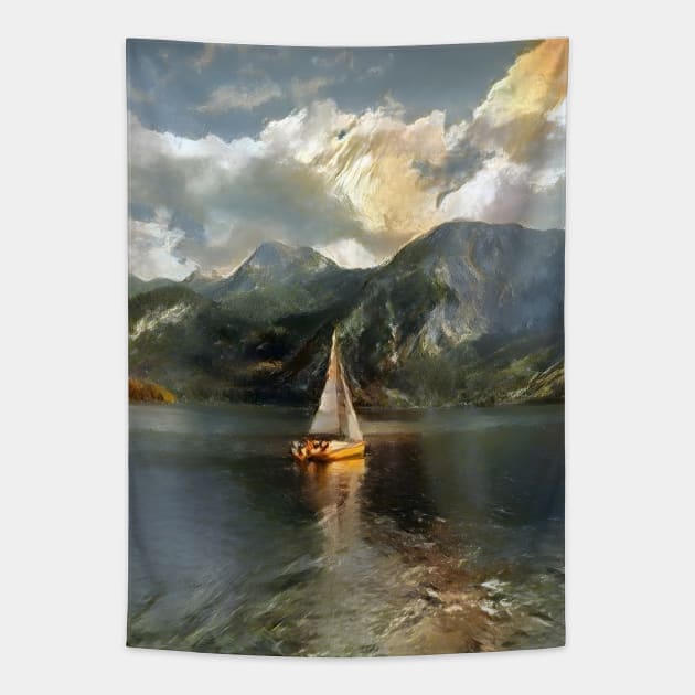 Vintage Sailboat in the lake Tapestry by DSQuality Design