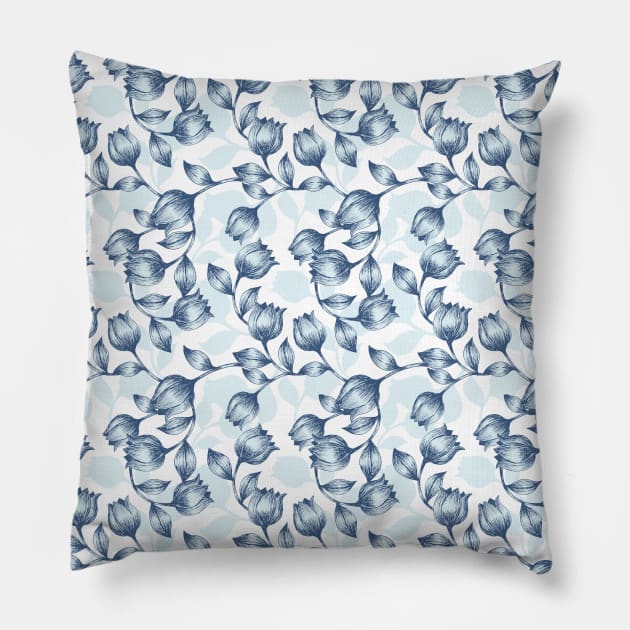 Blue Pastel Elegance: Tulip Silhouette Floral Pattern Pillow by FlinArt