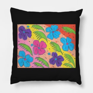 Rainbow Hibiscus and Monstera Leaves Print Pillow